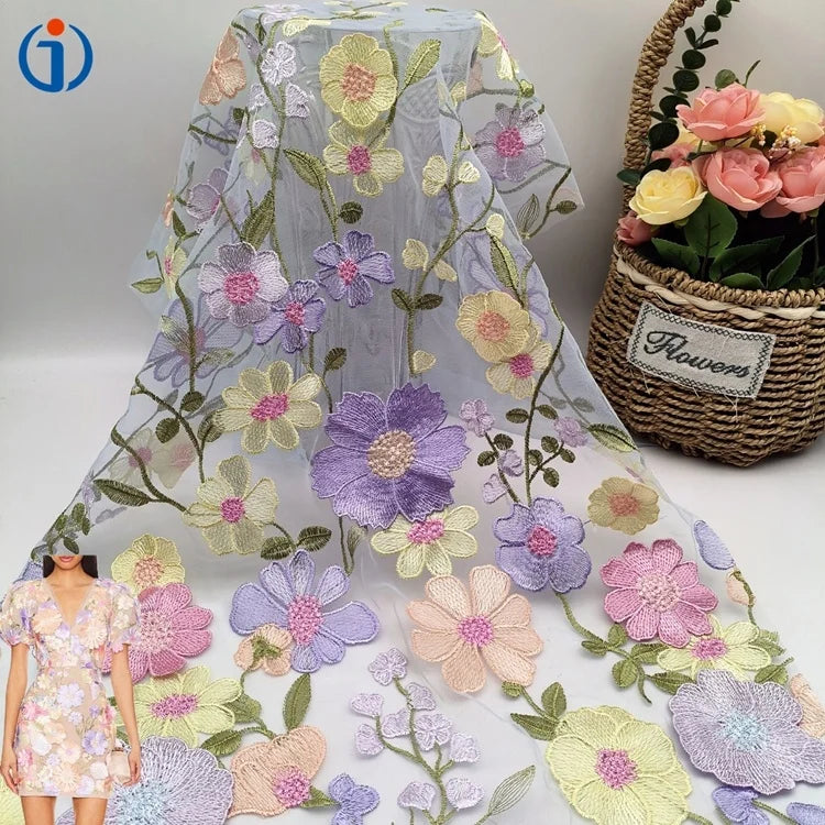 Wholesale 100% Polyester Multi Color Floral Plants Mesh Tulle Lace Embroidery Fabrics With 3D Flower Design