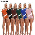 PASUXI Custom Logo Summer Casual V-Neck Two Piece Set Solid Color Short Track Suit Women's Eco-Friendly Breathable Knee-Length