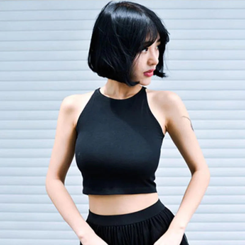 Casual Basic Tank Top T Shirt Sexy Crop Vest Women Ribbed Stretchy Solid Female Off-Shoulder Knitted Black Sport Summer Croptop