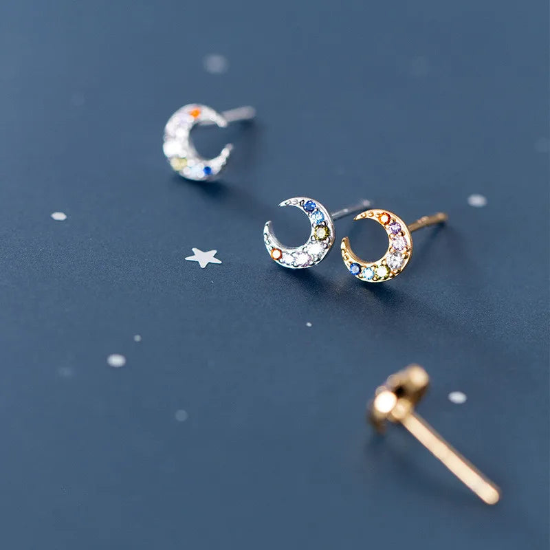 Luxury High Quality Multicolored Mini Cute Moon Studs Earrings for Women Genuine Sterling Silver Accessories Jewelry