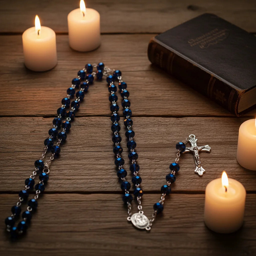 New Deep Blue Crystal Beads Rosary Necklace Catholic Prayer Jerusalem Holy Soil Medal Cross Holy Land Antique Religious Rosaries