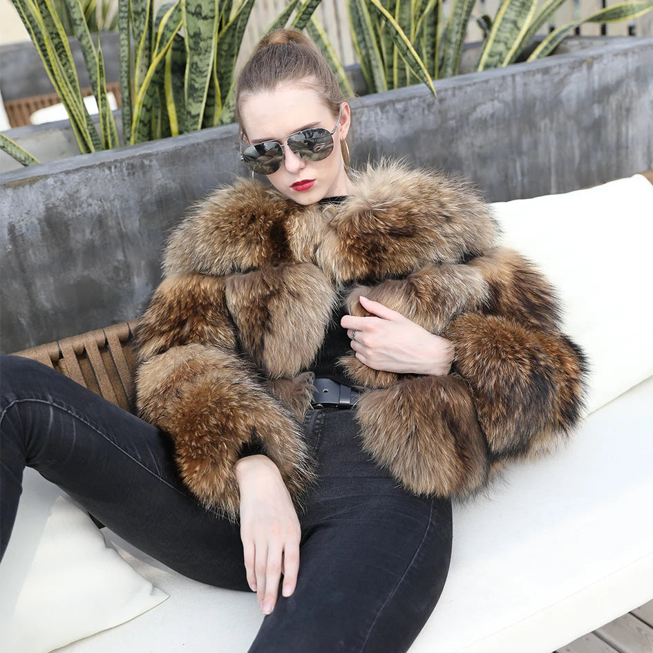 Janefur Winter Fashion Women Premium Raccoon Coats O-necked Thick Popular Short Real Fur Jacket