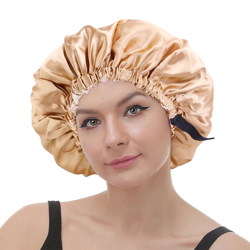 NEW Women Satin Bonnet Hair Cap Double Layer Sleep Night Cap With Invisible Button Head Cover Hair HAT MegaBDM