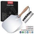 Manjia 12 Inch Metal Pizza Paddle with Rocker Cutter Foldable Wood Handle Pizza Spatula Peel Pizza Shovel