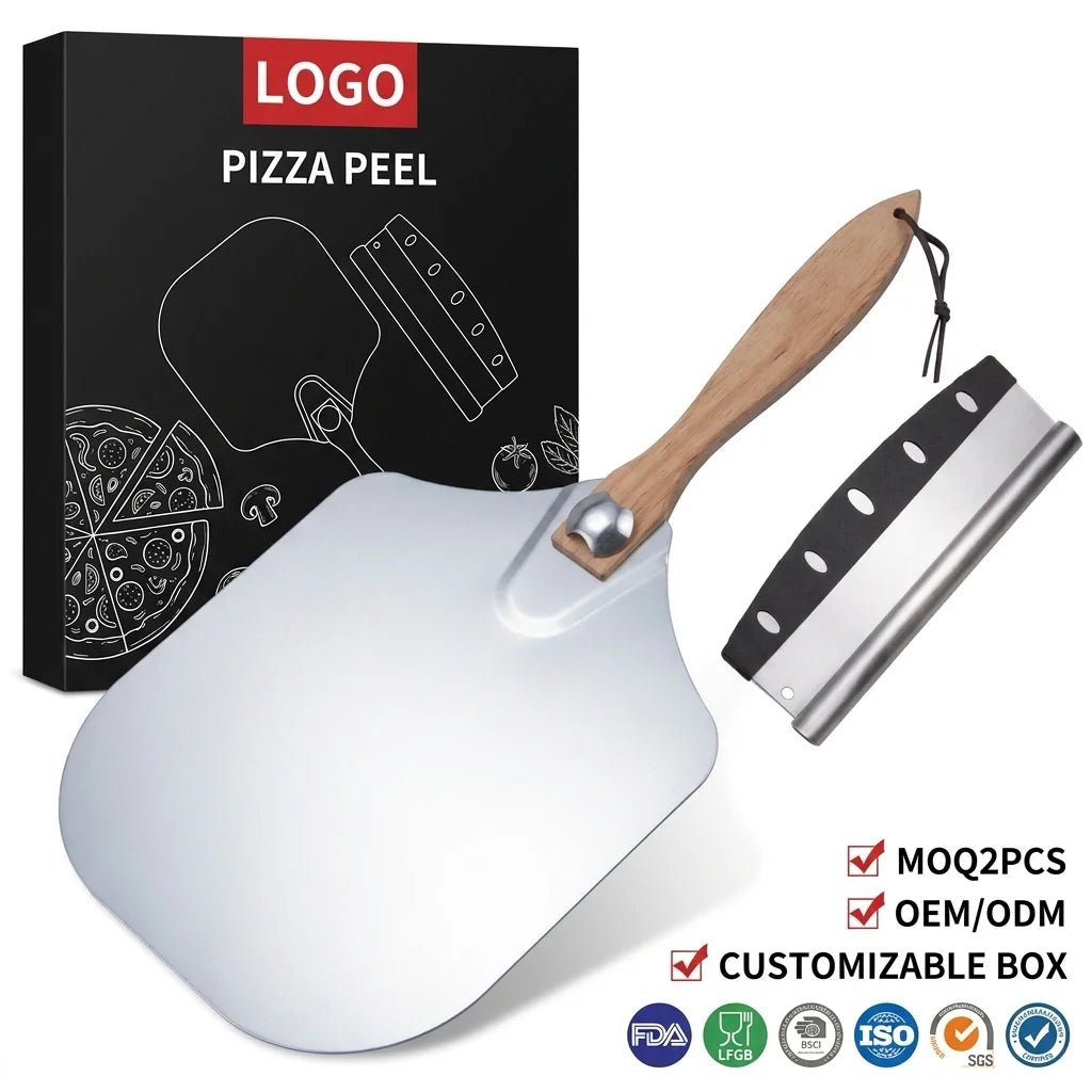 Manjia 12 Inch Metal Pizza Paddle with Rocker Cutter Foldable Wood Handle Pizza Spatula Peel Pizza Shovel