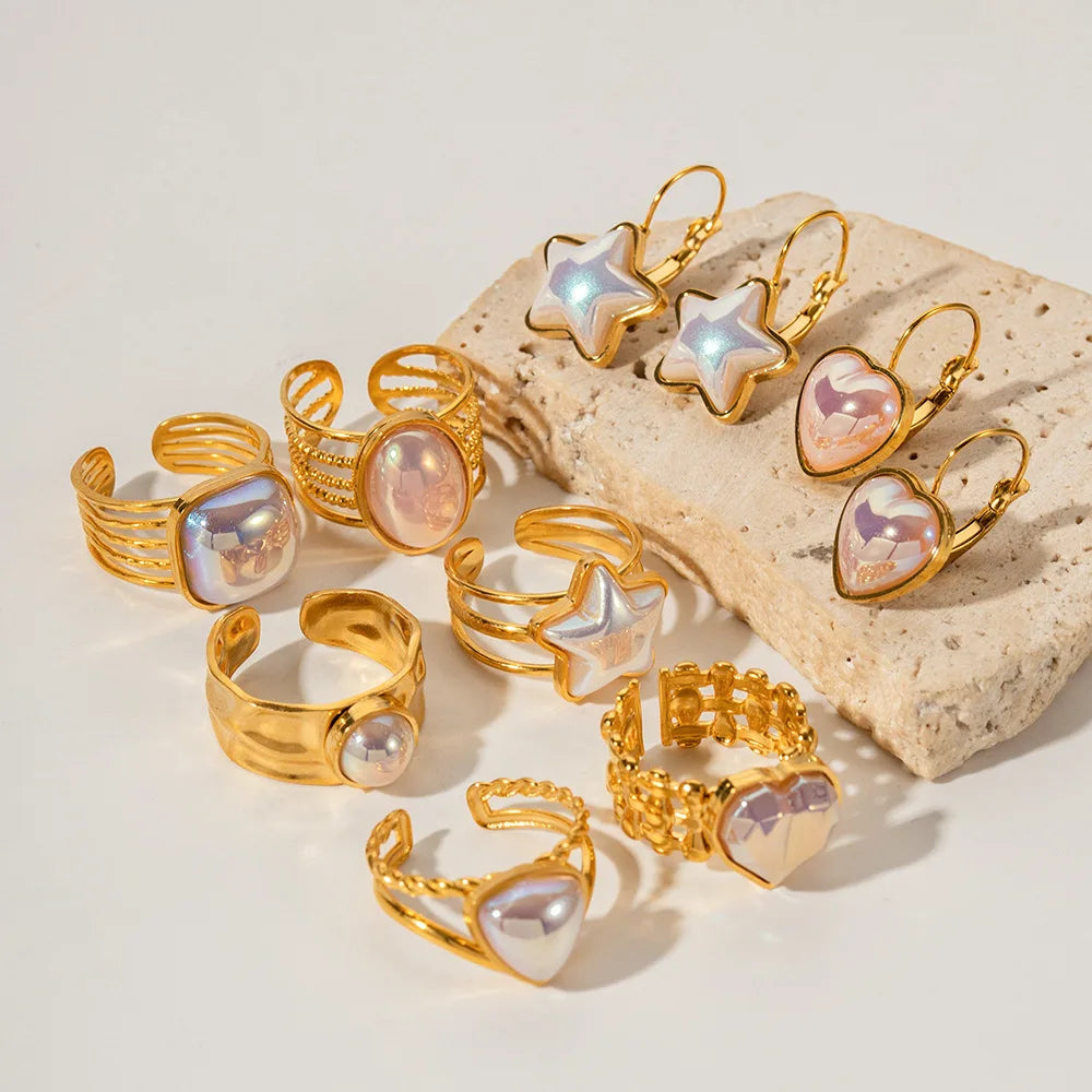 New Mermaid Shell Jewelry Matched Fashion Star Earrings and Rings Set Jewelry 18K Gold Plated Stainless Steel Shell Jewelry