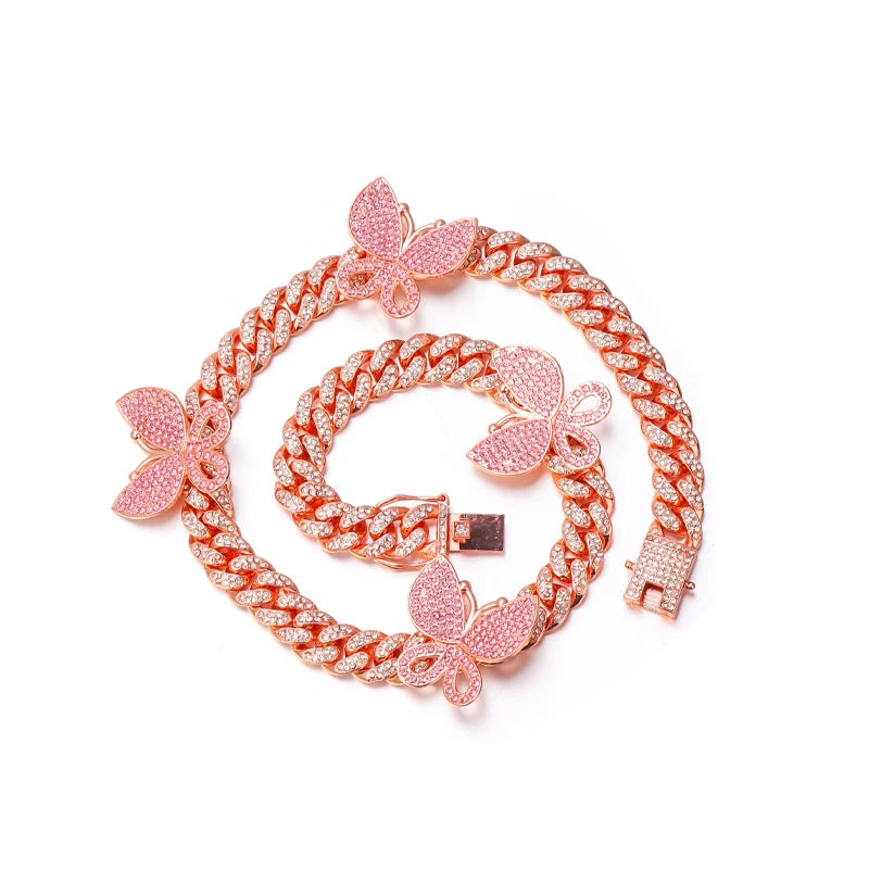 Luxury Personalized Hot Selling Hips Hops 12mm Bling Bling Rhinestone Crystal Rose Gold Butterfly Cuban Chain Choker Necklace