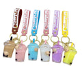 BSBH Luxury Boba Tea Keychain with Liquid Quicksand Keychain With Animals Fruit Milk Tea Acrylic Car Key Bag Ornament