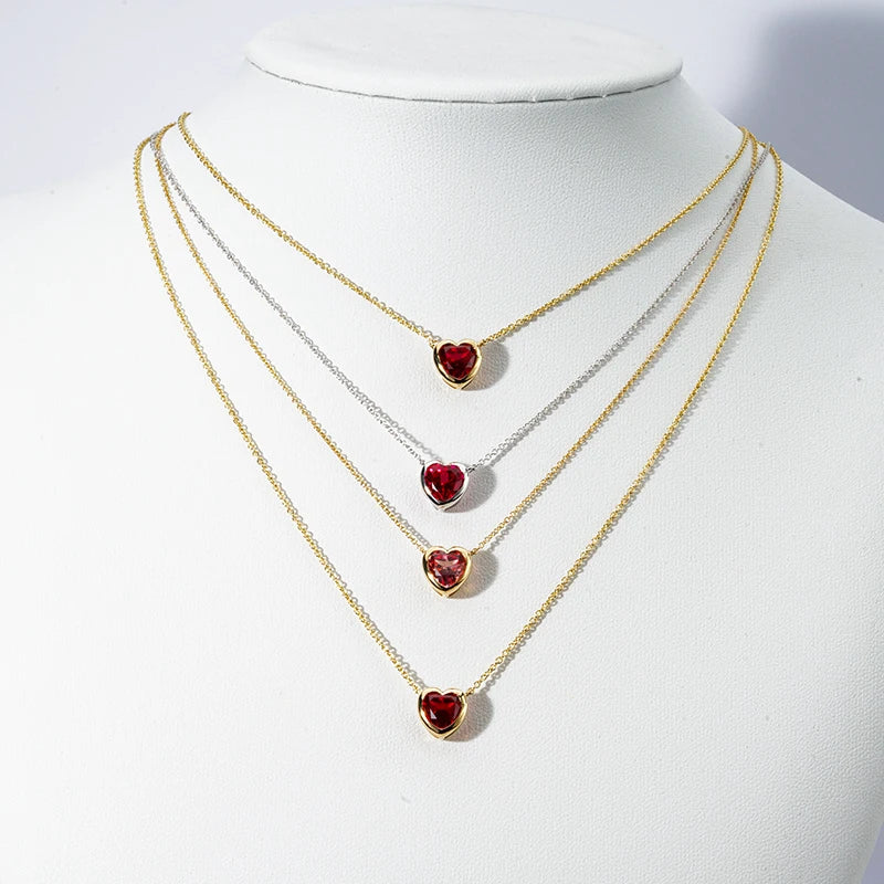 Heart Shape 7x7MM Lab Ruby Gemstone Pendant 10K 14K 18K Solid Gold Chain Necklace