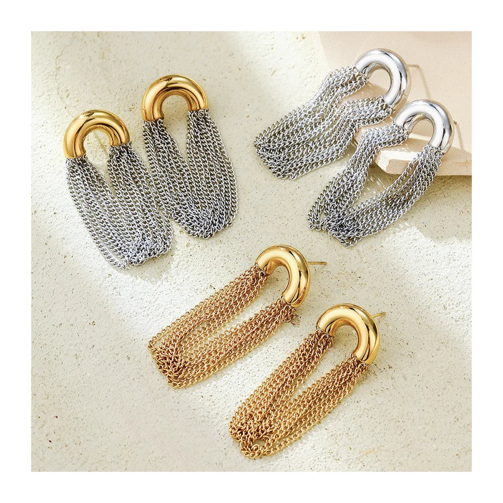 YF3990 Stainless Steel 18k Gold Plated Simple Jewelry Long Tassel C Shaped Design Two Stone Earrings Women