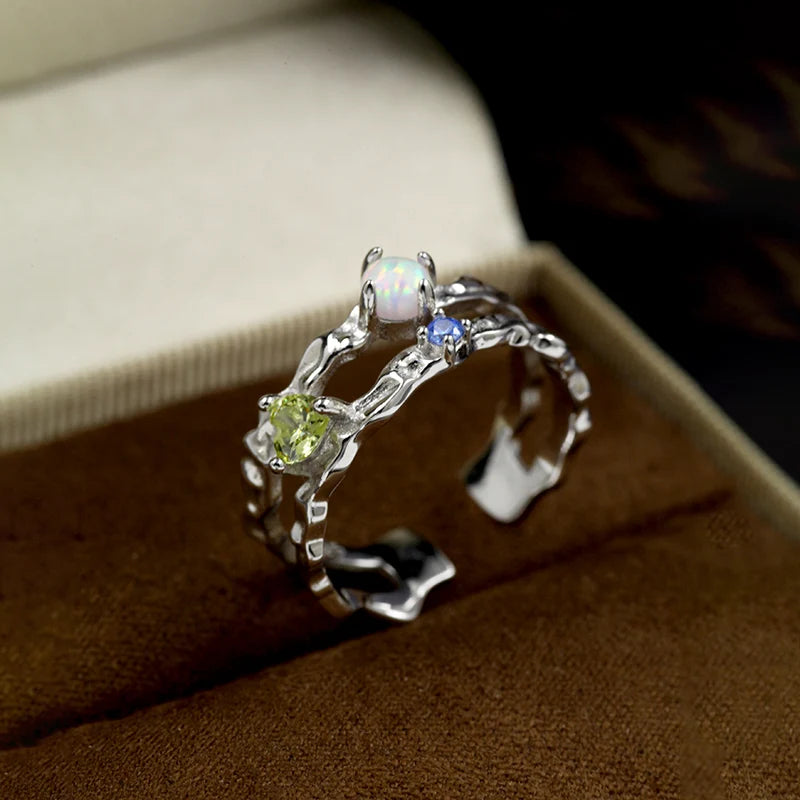 Original Luxury Opal Geometric Zircon S925 Sterling Silver Open Adjustable Finger Rings Fashion Wedding Jewelry