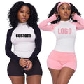 Embroidery Summer Elastic Long Sleeves Women Set Shorts Ribbed Loungewear Women 2 Piece Shorts Set High Waist Women Clothing