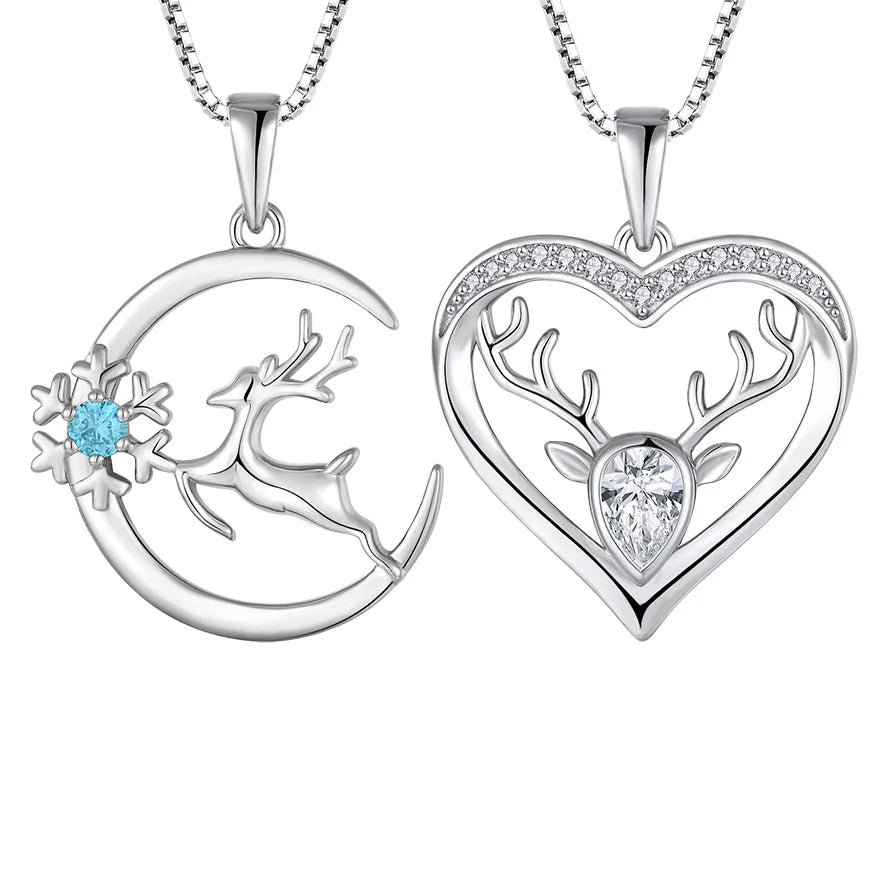 925 Sterling Silver Couple Necklaces Moon Deer Snowflake Blue Zircon Pendant Heart Shaped Deer Head Clear Zircon Necklace Gift