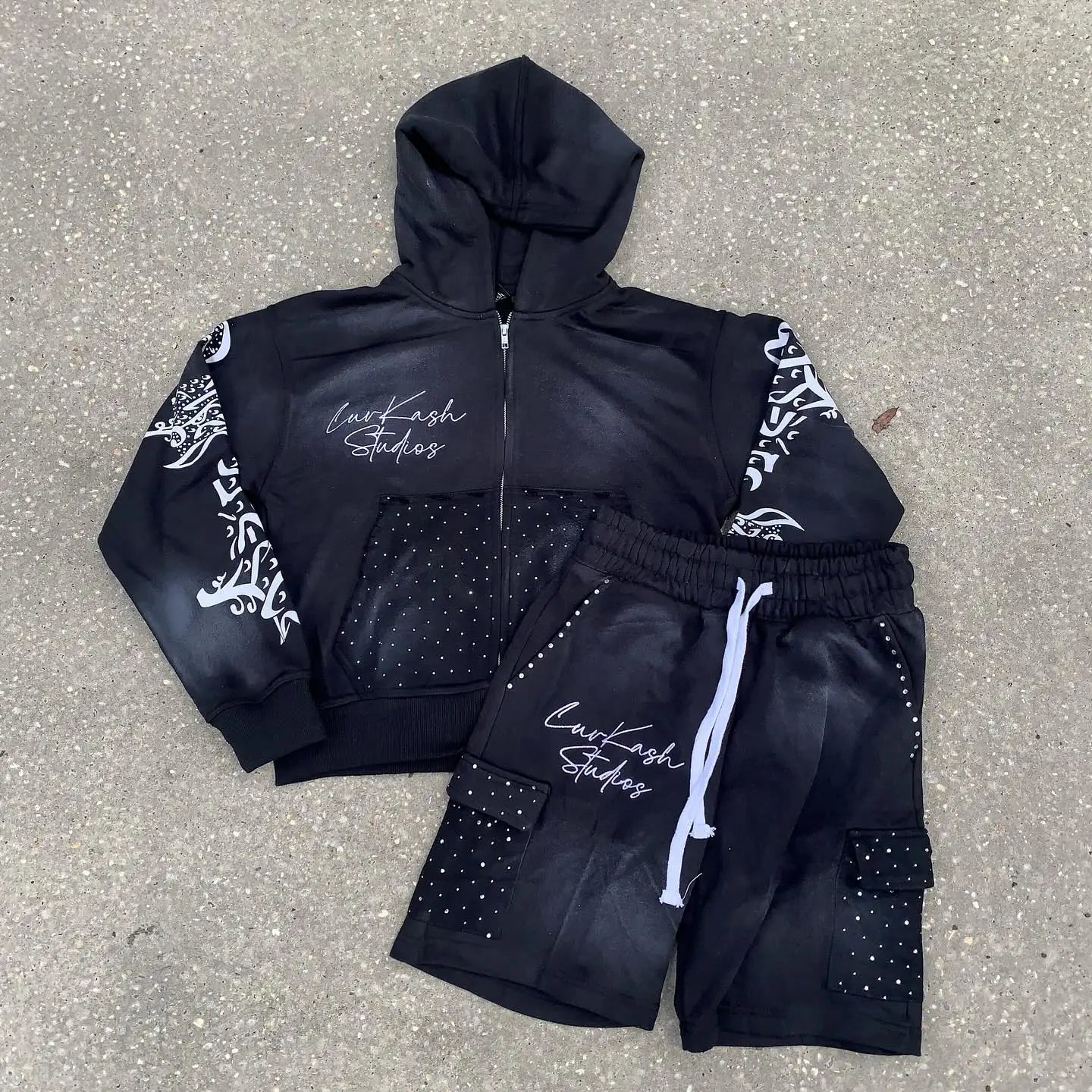 US Free Tax Heavyweight Hoodie Set Screen Print Rhinestone Zip up Hoodie Drawstring Shorts Two Piece Acid Wash Mens Shorts Set