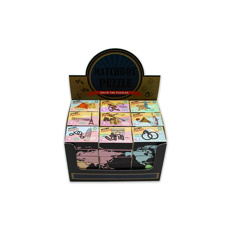 2021 Wooden and Metal Brainteasers Unique Brain Teasing Challenges Match Box Puzzle Display Box with 54pcs