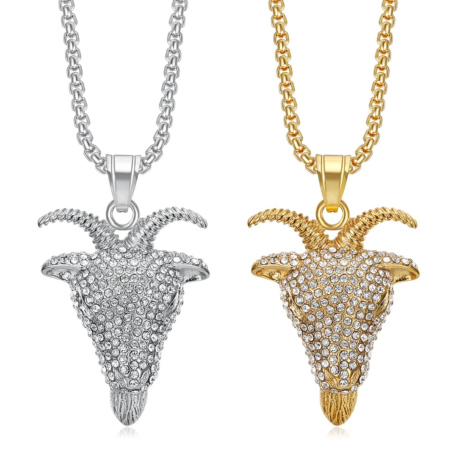 Luxury Men's Stainless Steel Religious Jewelry Gold-Plated Full Zircon Goat Pendant Beads Chain Trendy Classic for Anniversaries