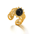 Bulk Waterproof Chic Eternity Stainless Steel Gold Plated Black Obsdian Stone Charm Open Cuff Design Finger Ring Jewelry