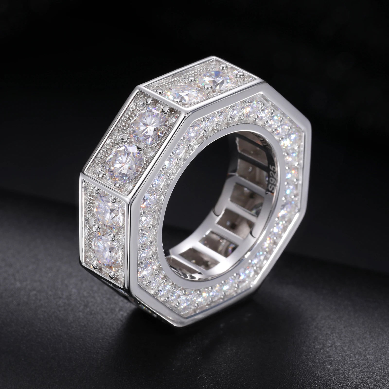 Moissanite Hip Hop Jewelry 925 Sterling Silver VVS Lab Grown Diamond Iced Out Octagon Finger Band Ring With GRA Certificate