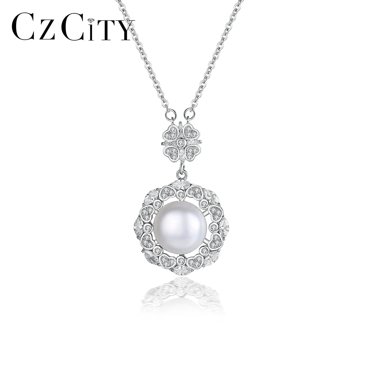 CZCITY Chain Luxury Link Zircon Woman Sterling Silver Jewelry Pendant Pearl Statement Necklace