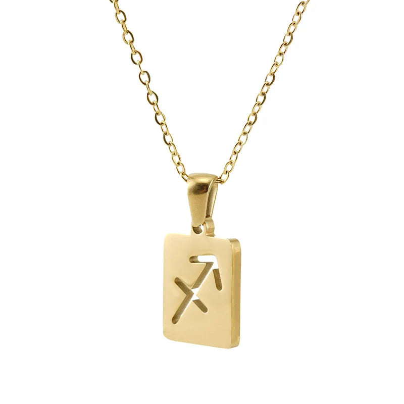 Factory Supply Personalized 18k Gold PVD Plated Square Plate Hollow Zodiac Sign Choker Necklace for Women