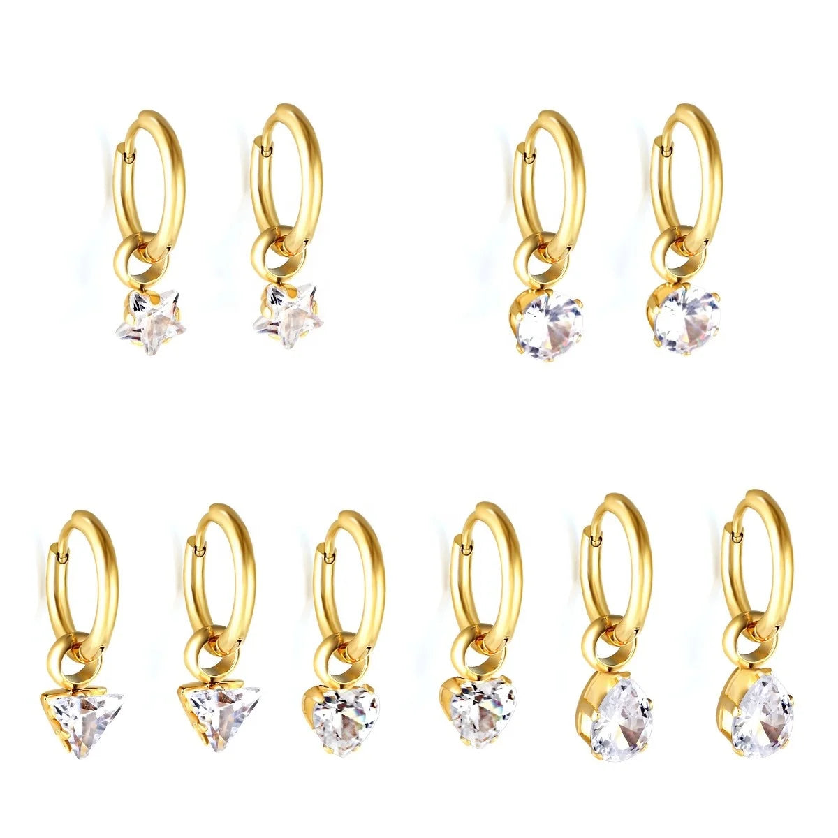 Geometrical Cubic Zircon Huggies Hoop Earring 18k Gold Pvd Plated Stainless Steel Star and Heart Elliptical Drop Dangle Earrings