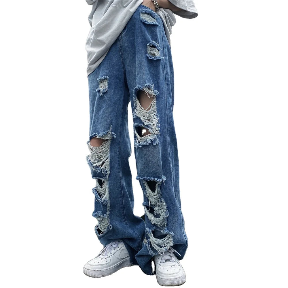 Men Blue Elastic Booty Jeans Sexy Soft Baggy Jeans for Women Ripped Straight Leg Jeans Vintage Hip Hop Designer Denim Jeans