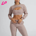 2023 Custom Women's Sportswear Cotton Short Crop Top Long Sleeve Lined Crewneck Casual Winter