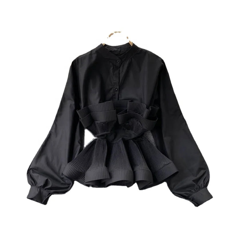 Top Women's Design Sense of Minority Heavy Industry Crimping Ruffle Waist Closing Temperament Versatile Women's Shirt Fashion