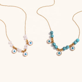 Dingran Popular Imitation Pearl Evil Eye Necklace Waterproof 18K Gold Plated Stainless Steel Turquoise Jewelry