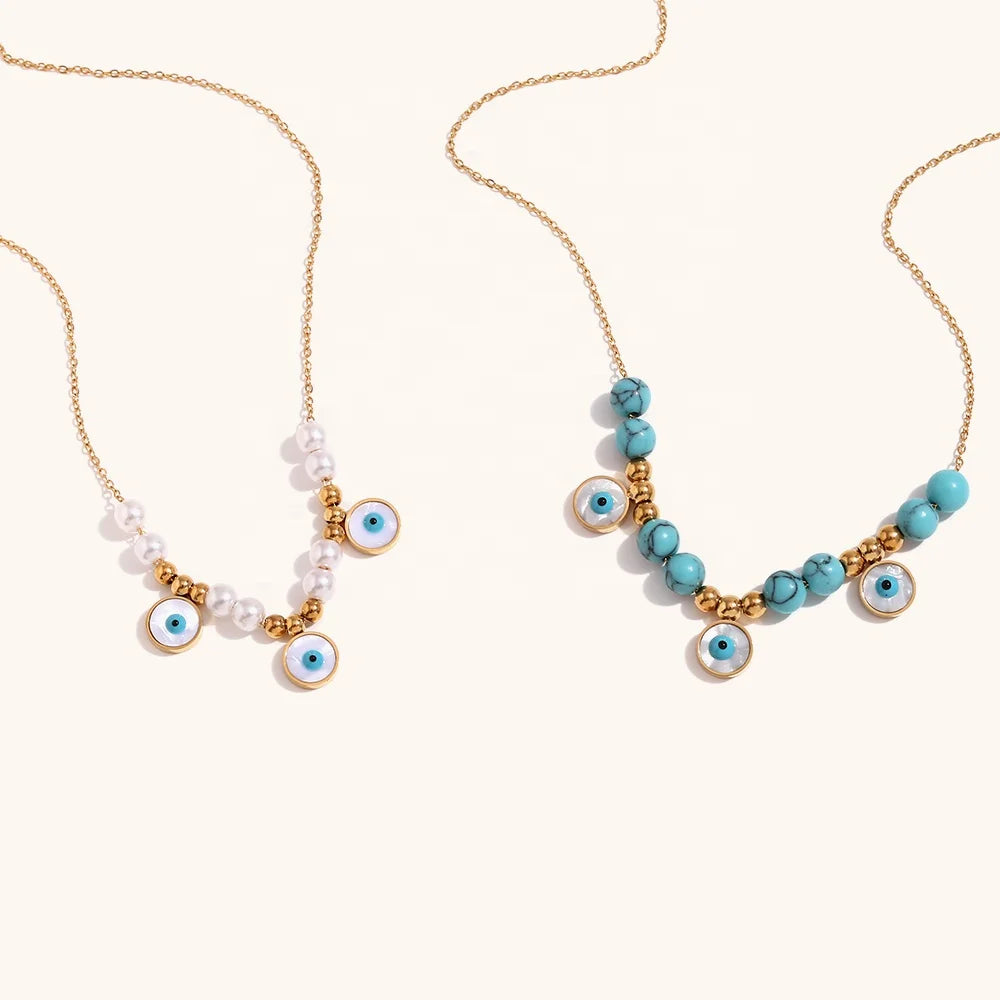 Dingran Popular Imitation Pearl Evil Eye Necklace Waterproof 18K Gold Plated Stainless Steel Turquoise Jewelry