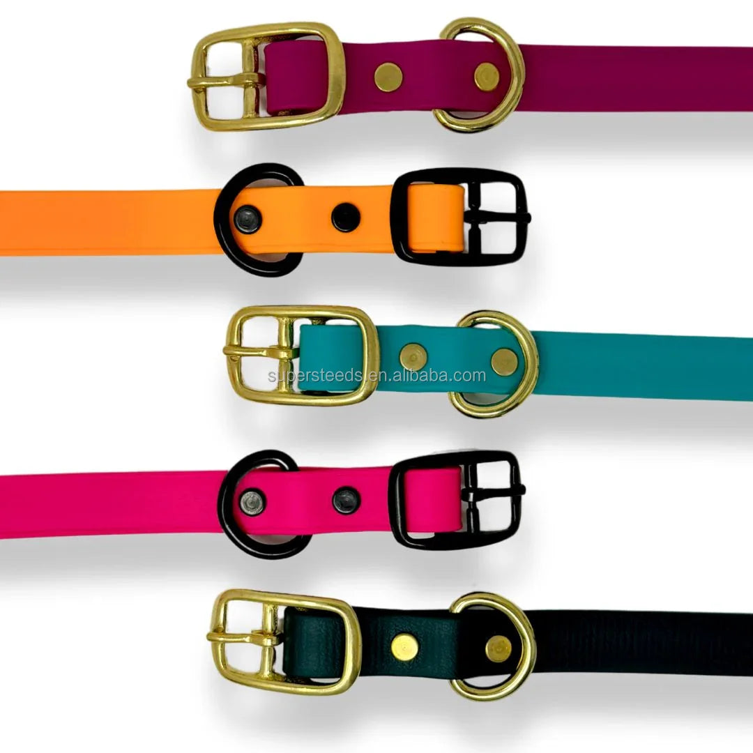 Supersteeds Colorful Waterproof PVC Coated Nylon Webbing Pet Collars Strap with Plated Black Gold Alloy Buckle and Rivets
