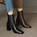 Women's Short High-heeled Ankle Boots Thick Heels Vintage Style Elegant Slim Boots Featuring Lace-up Design in Soft Leather
