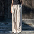 Cotton Linen Women Wide Leg Pants High Waist Pocketed Loose Trousers Spring Summer Lady Casual Long Pants
