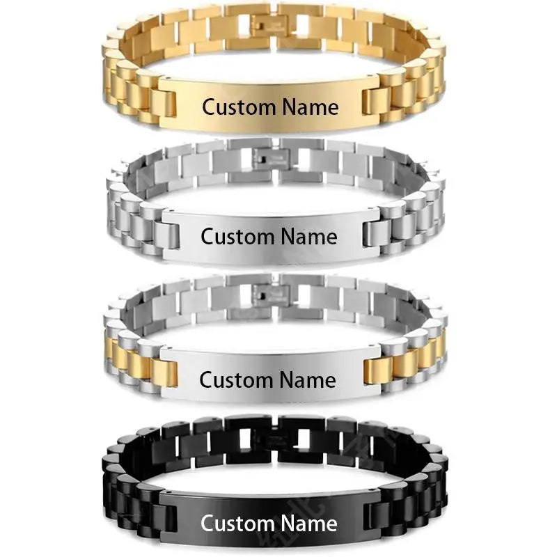 BINSHUO Wholesale Custom Stainless Steel Jewelry 18k Gold Plated Custom Laser Engraving Name LOGO Men Watch Band Cuff Bracelets