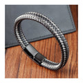 Top Selling Custom Logo Stainless Steel Magnetic Clasp Wire Braided Black Genuine Leather Fashion Jewelry Bracelets Men