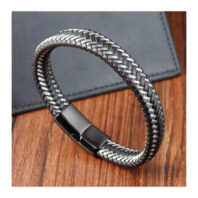 Top Selling Custom Logo Stainless Steel Magnetic Clasp Wire Braided Black Genuine Leather Fashion Jewelry Bracelets Men