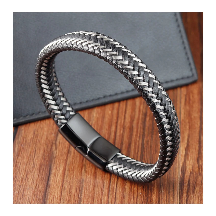 Top Selling Custom Logo Stainless Steel Magnetic Clasp Wire Braided Black Genuine Leather Fashion Jewelry Bracelets Men