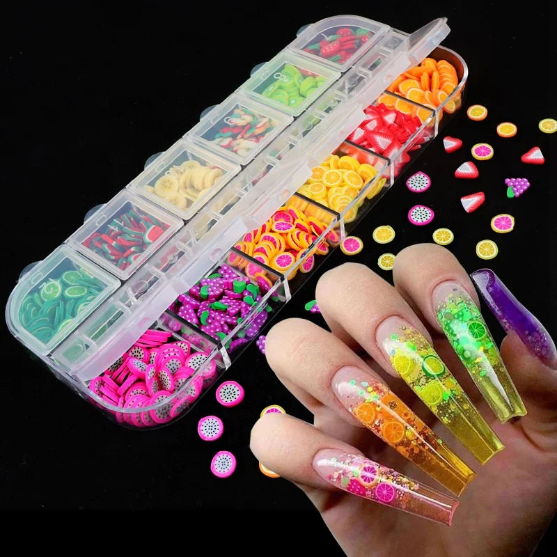 Mixed 3D Fruit Slices Sticker Polymer Clay DIY Designs Slice Lemon Nail Art Sliders 12 Grids  Fruit Slice Nail Art