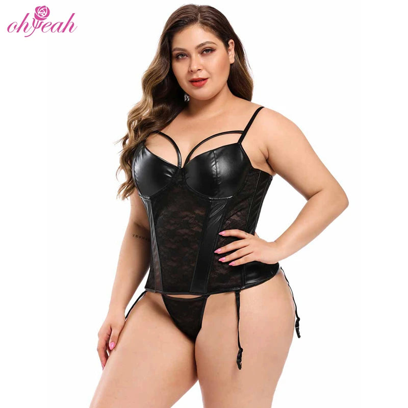 Plus Size Black Pu Leather Transparent Floral Lace High Waist Slim Tummy Control Shaper Shapewear With Thong