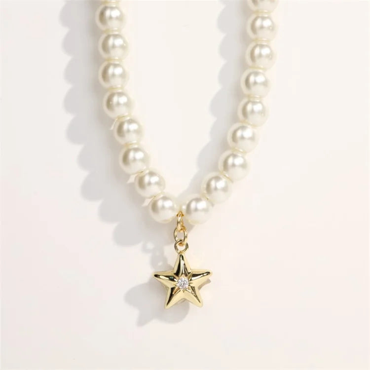 Luxury Vintage Pearl Jewelry Stainless Steel Gold Plated Heart Charms Pendant Crystal Diamond Natural Stone Necklace