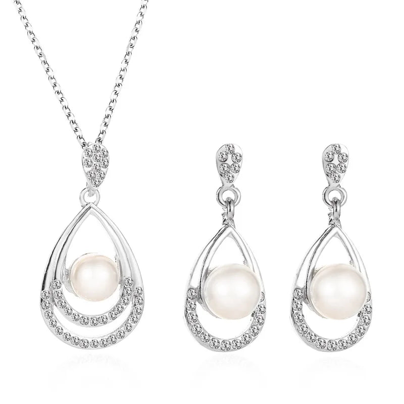 Fashion Trendy Wedding Bridal Rhinestone Water Drop Stud Pearl Earrings Necklace Jewelry Set for Women