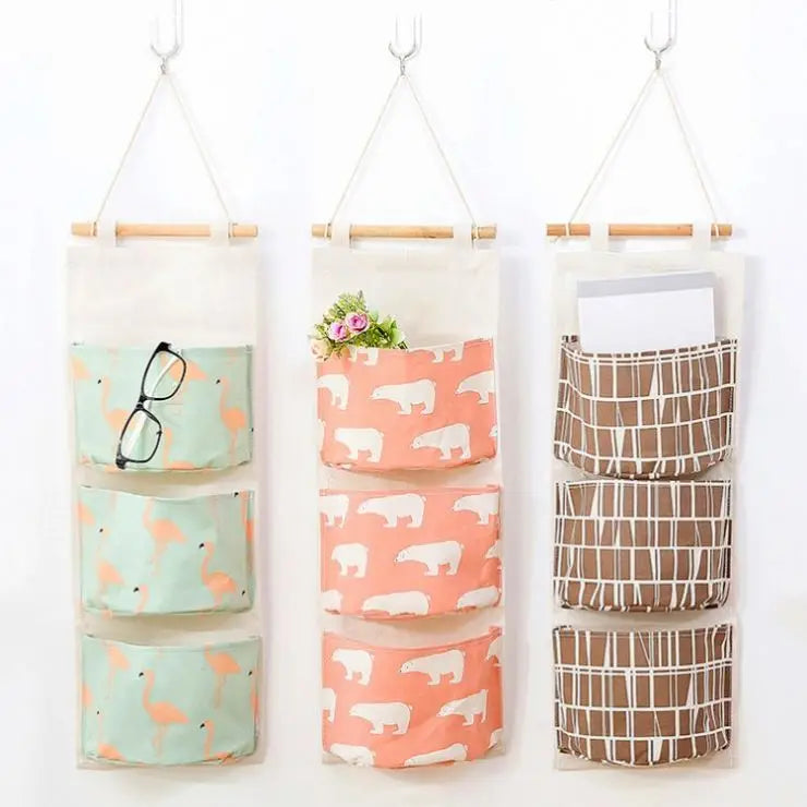 Hanging Storage Bag Wall Mounted Wardrobe Sundries Fabric Cotton Pouch With 3 Pockets