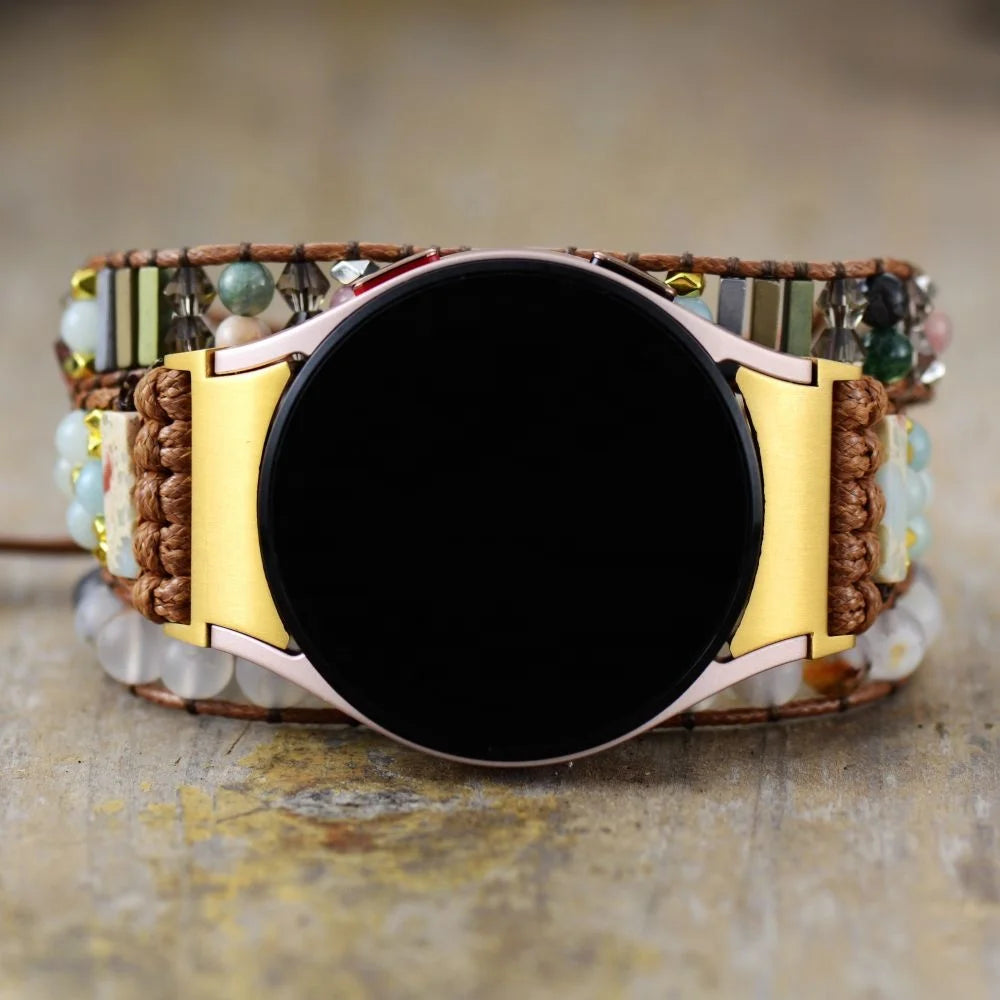 Women's Native Jewelry Crystal Natural Stones on Silver Button Custom for Samsung for Galaxy Watch 4 Strap 22mm Fabric Material