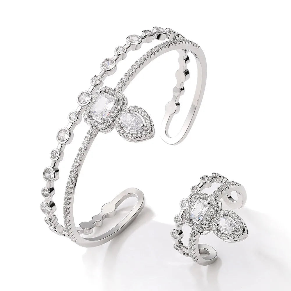 Ins Cool Style Zircon Bangle and Ring Set Silver Color New Design (2 Piece Set)