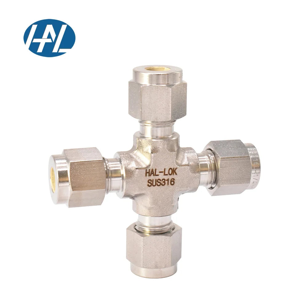 HAL-LOK SKTS-4 4-Way Metric Tube Instrumentation Cross Union 316SS Compression Fitting Polished Stainless Steel Forged Hexagon