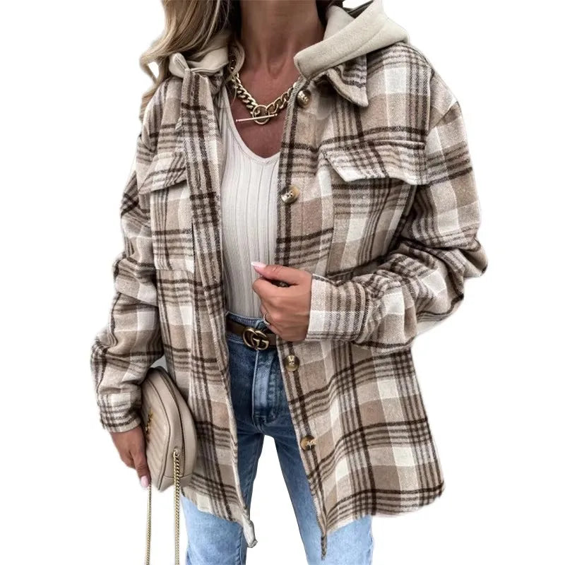 2026 Wholesale Women Winter Loose Leisure Plaid Long Sleeve Removable Hoodies Vintage Women's Coats