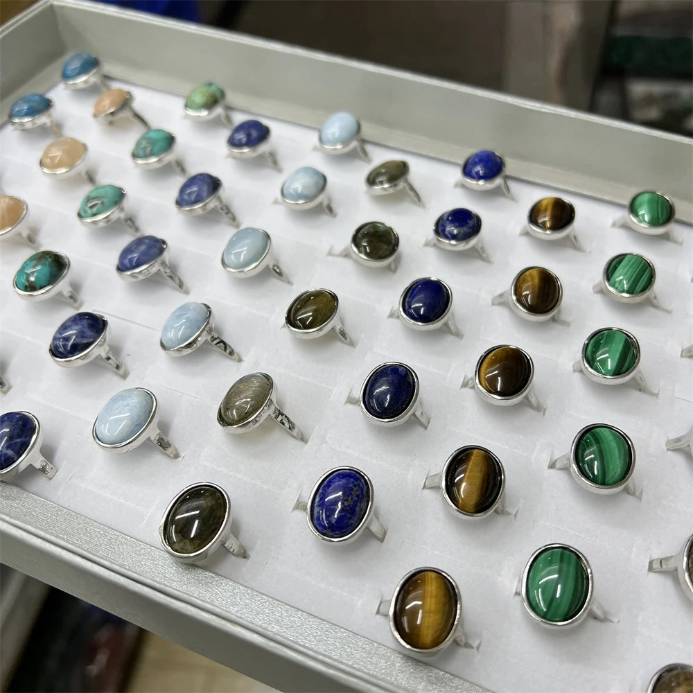 New Arrivals High Quality Healing Quartz Crystal Oval Gemstone Cabs Natural Labradorite Tiger Eye Lapis Malachite Ring Jewelry
