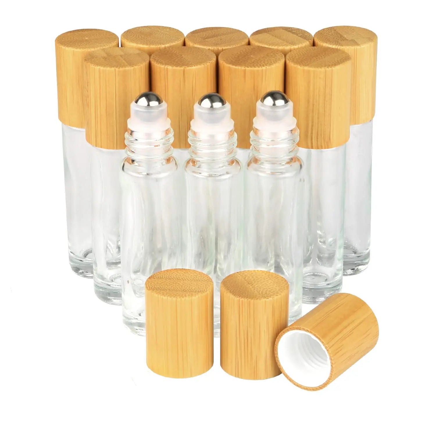 Luxury Custom 10ml Rectangular Roller Ball Glass Roll on Bottle with Bamboo Lid Packaging for Eye Cream Perfume Oil Mascara