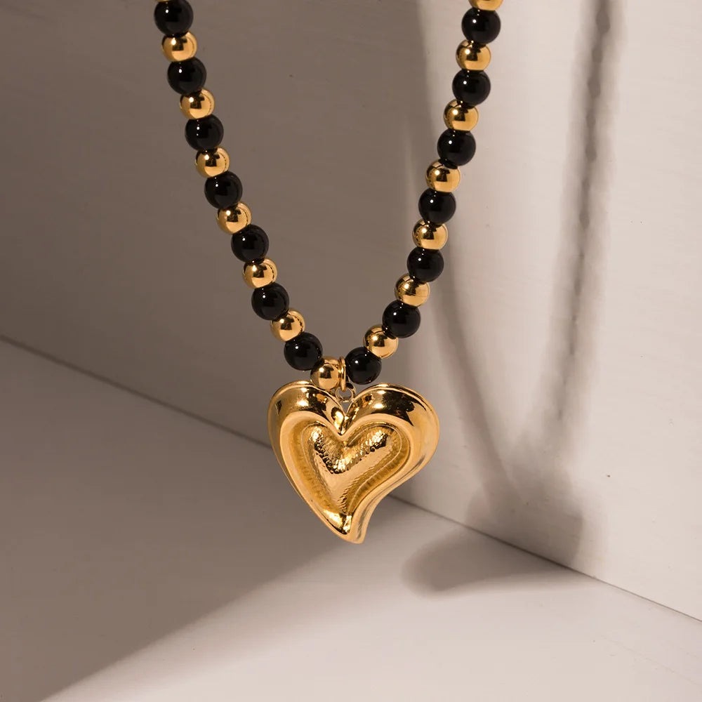 Fashion 18k Gold Plated Stainless Steel Gemstone Agate Necklace Heart Natural Stone Pendant Fashion Jewelry Necklace for Women