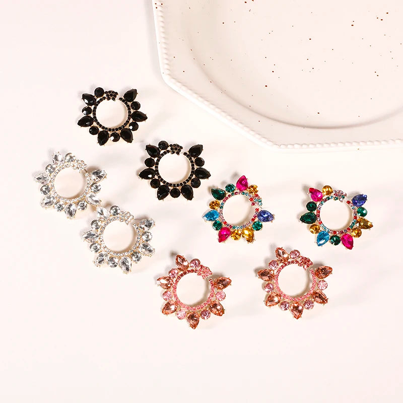 Trendy Glass Diamond Round Drop Earrings Shiny Crystal Rhinestone Flower Stud Earrings Jewelry Women